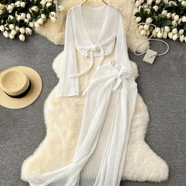 Women's Casual Summer Half Skirt Suit Long-Sleeved Knitted Two-Piece Top Short Hollow-Out Dress for Beach Cross-Border Europe