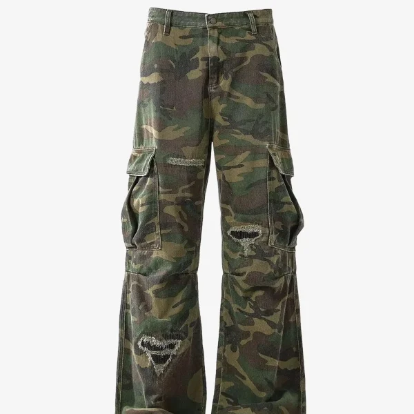 Ripped Camouflage Flared Cargo Pants