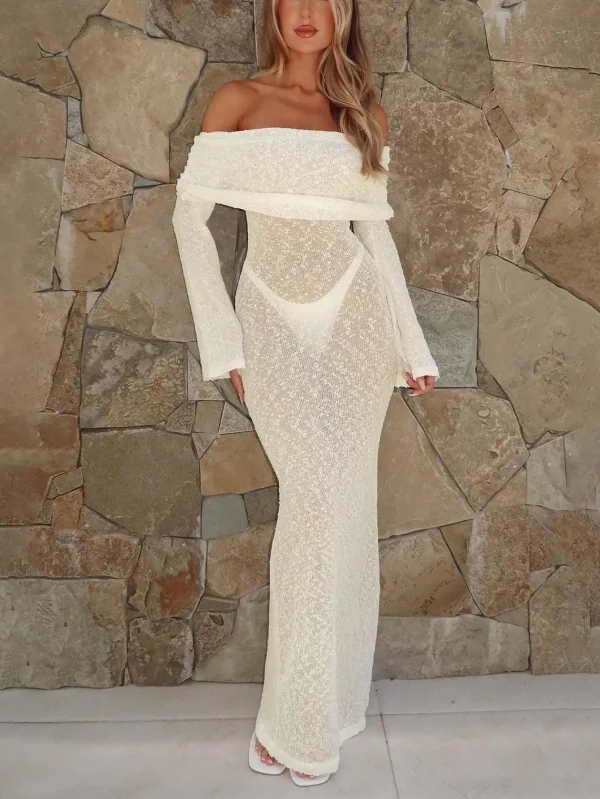 Summer Casual Beach Holiday Dresses Sexy Strapless Crocheted Floor-Length Breathable Woven with Solid Pattern for Spring Autumn - Image 6