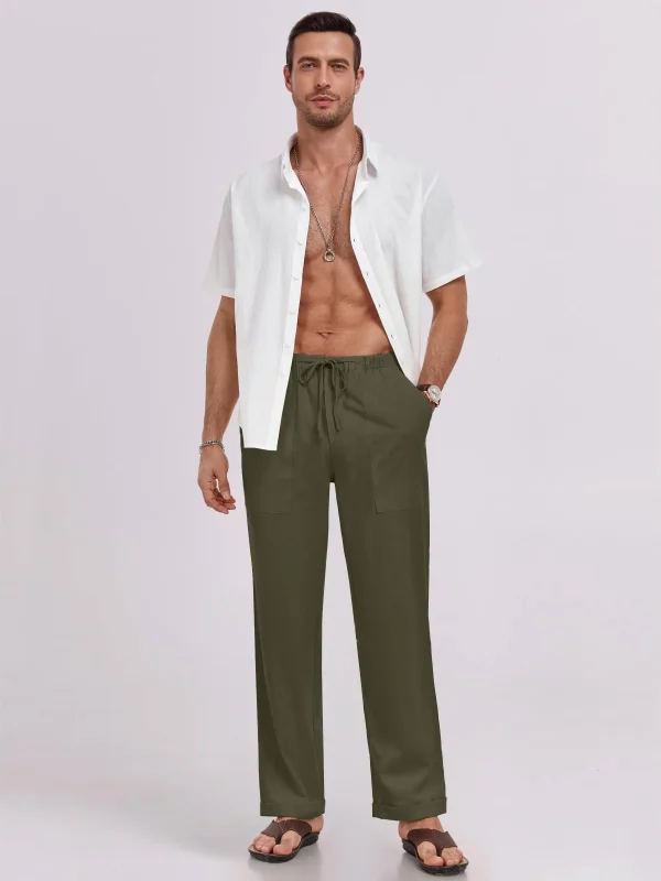 Mens Pants Elastic Waist Drawstring Loose Fit Casual Summer Beach Pants with Pockets Baggy Trousers - Image 2