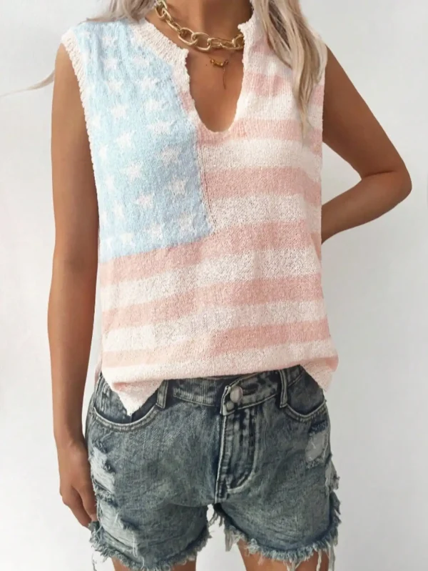 Usa Flag Design Spring and Summer Fashion Casual Comfortable Sleeveless V-Neck Front Short Back Length Knitted Sweater - Image 4