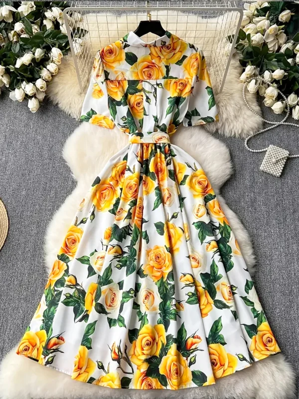 2025 Summer Women's Casual Empire Printed Dress Roman Turn-Down Collar Tunic Slim for Bandage Midi Maxi Length One Fits All - Image 2