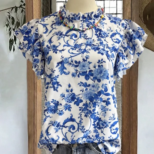 Blue White Porcelain Print Vacation Shirt - Women's Casual Short-Sleeve Summer Top Elegant Dress