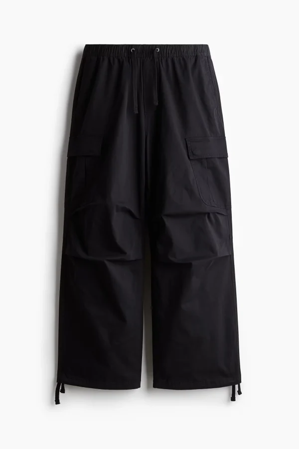Man's Black Drawstring Loose Fit Cargo Trousers - Image 5