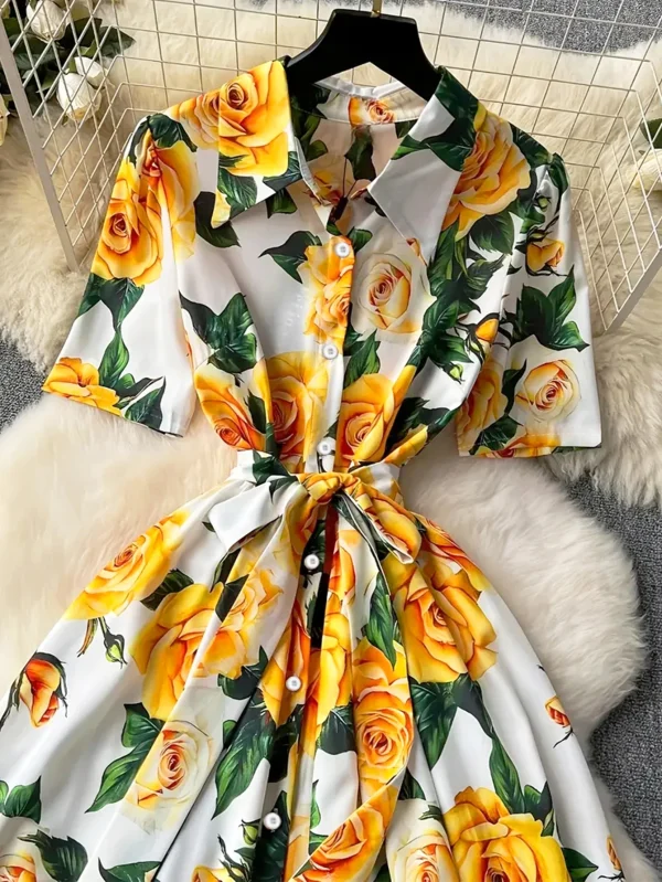 2025 Summer Women's Casual Empire Printed Dress Roman Turn-Down Collar Tunic Slim for Bandage Midi Maxi Length One Fits All - Image 3