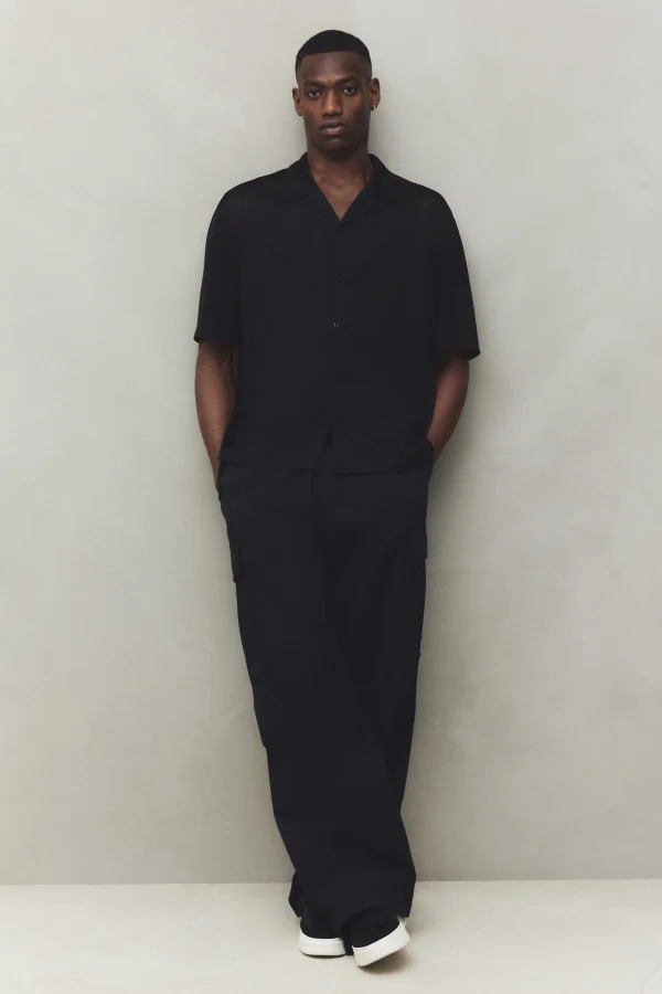 Man's Black Drawstring Loose Fit Cargo Trousers - Image 2
