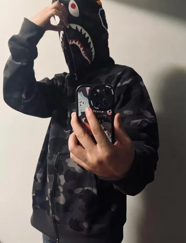Hoodie with Shark Embroidery, Full Zip, Lightweight Couple Sweatshirts Heavyweight Hoodie - Image 5
