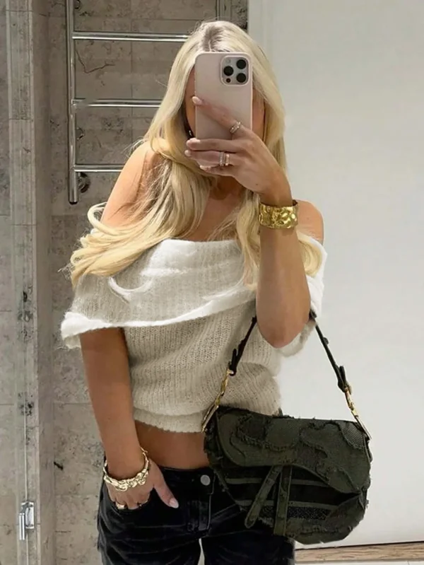 Women's Elegant One-Shoulder Tube Top Off-Shoulder Short Pullover in Solid Color for Spring Summer Knit Tops - Image 4