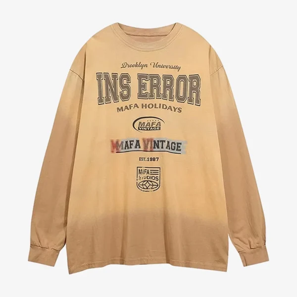 Letter Printed Washed Distressed Gradient Long Sleeve T-Shirt