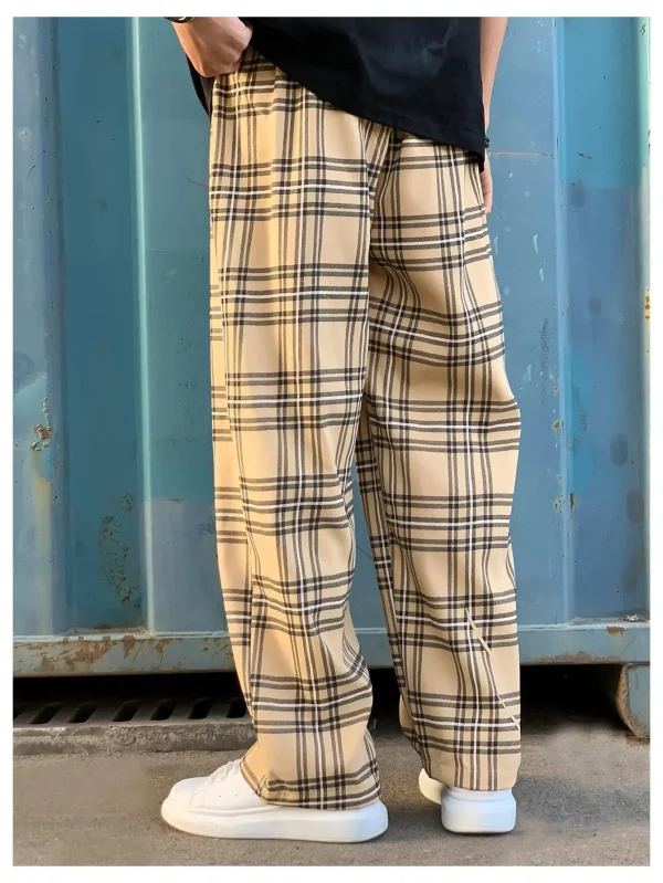 Men's Plaid Pants High Drawstring Waist Trouser Pants Loose Straight Leg Lounge Pants With Pocket - Image 3