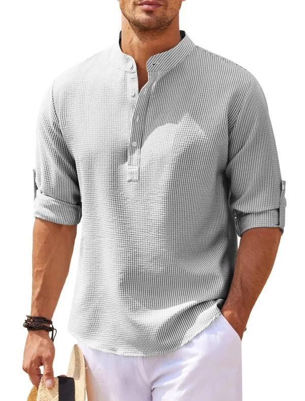 100% Cotton Men's Long Sleeve Shirt Stand Collar Half Button Plaid Shirt Men's Casual - Image 6