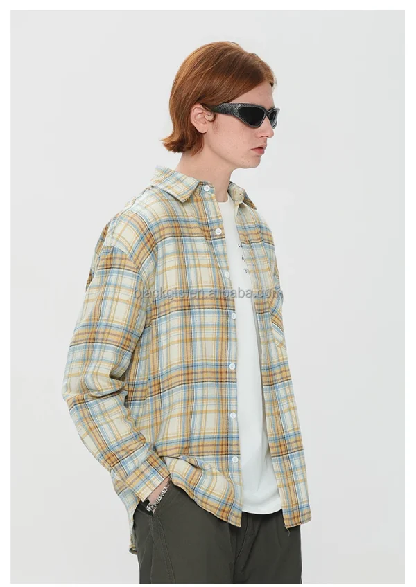 High Quality 100% Cotton Plaid Long Sleeve Men Casual Oxford Button Down Plaid Flannel Shirt - Image 5