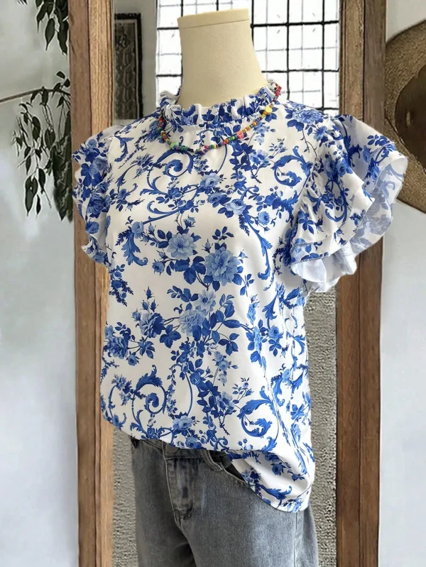 Blue White Porcelain Print Vacation Shirt - Women's Casual Short-Sleeve Summer Top Elegant Dress - Image 2