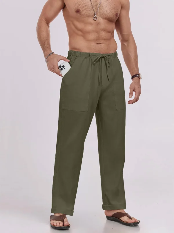 Mens Pants Elastic Waist Drawstring Loose Fit Casual Summer Beach Pants with Pockets Baggy Trousers - Image 3