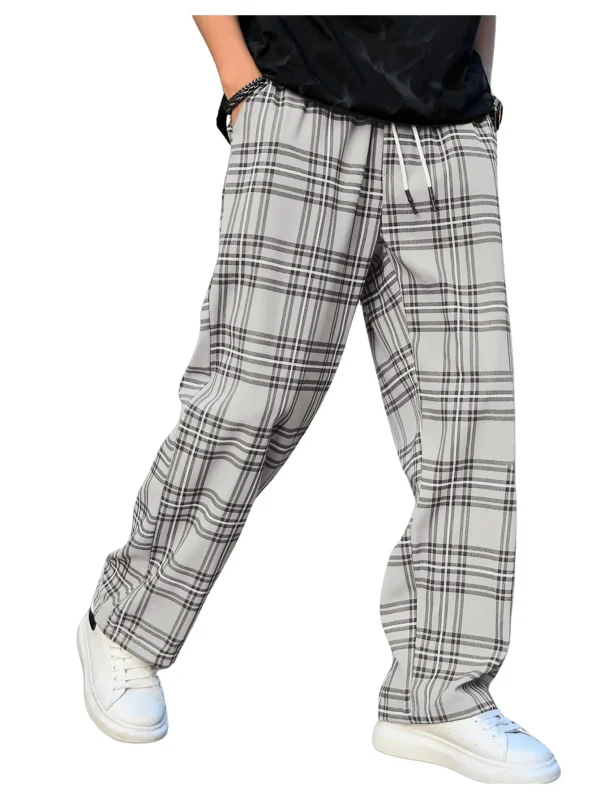 Men's Plaid Pants High Drawstring Waist Trouser Pants Loose Straight Leg Lounge Pants With Pocket - Image 2