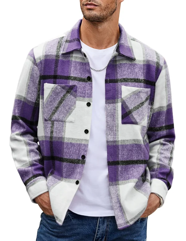 Men's Flannel Shirt Casual Button Checkered Shirt Jacket Long Sleeved Wool Jacket With Pockets Outerwear Suitable - Image 4