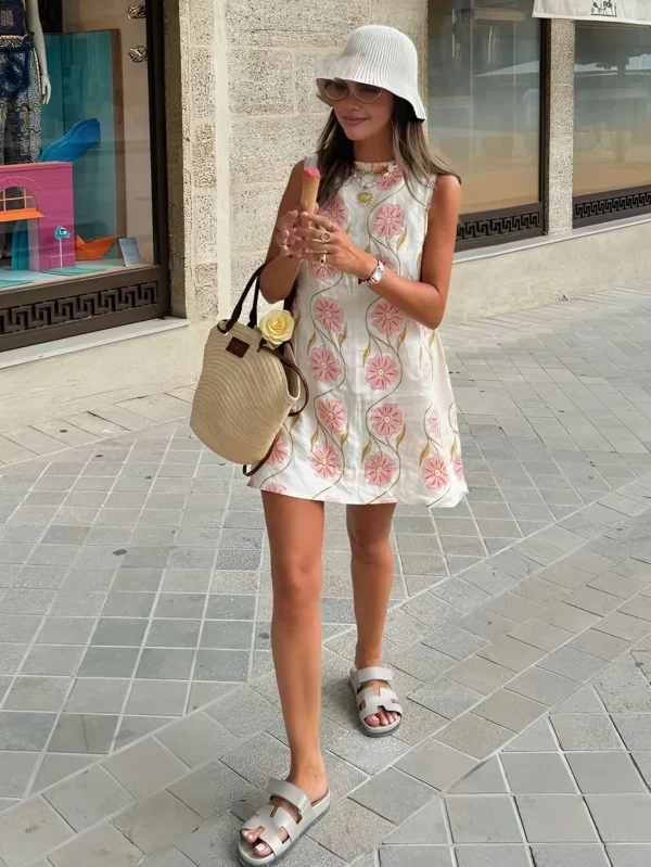 Women's Summer Fashion Mini Casual Vacation Fairytale Dress Floral Printed Pattern Round Neck Sleeveless Straight Dresses - Image 2