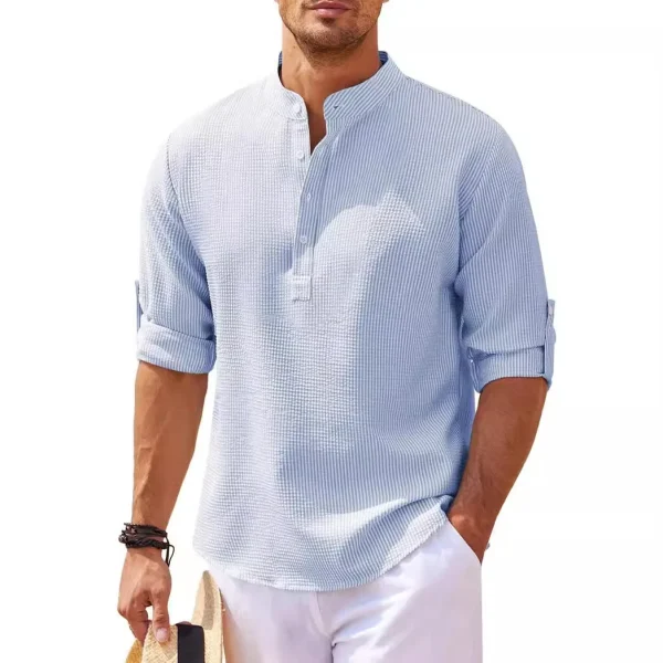 100% Cotton Men's Long Sleeve Shirt Stand Collar Half Button Plaid Shirt Men's Casual - Image 2