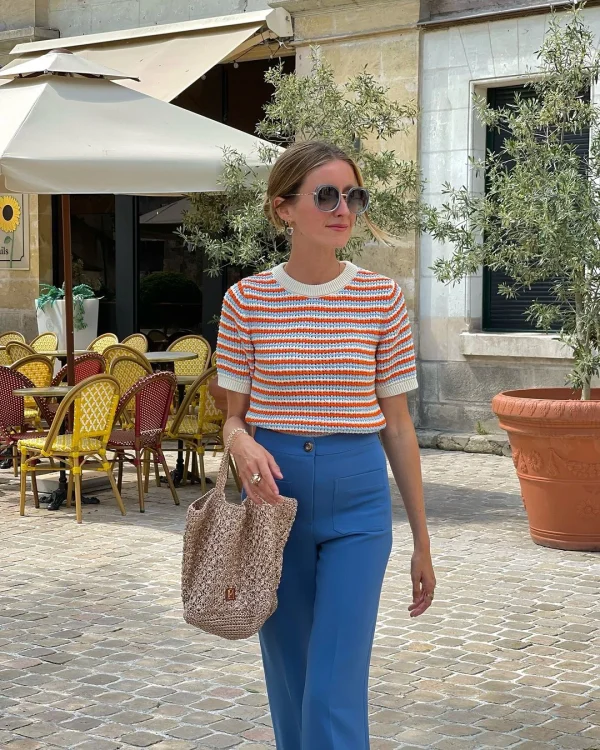 Spring-summer Striped Knit Top Elegant, Comfy, Round-neck Short-sleeve. Perfect for Travel Daily Wear. Soft, Stylish Versatile - Image 3