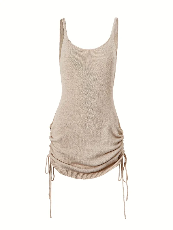Women's Casual Solid Color Strapless Belted Knitted Short Dres - Image 3