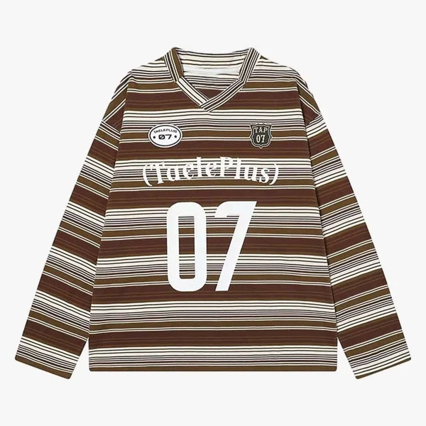 Letter Badge Number Print Striped Long Sleeve T-Shirt