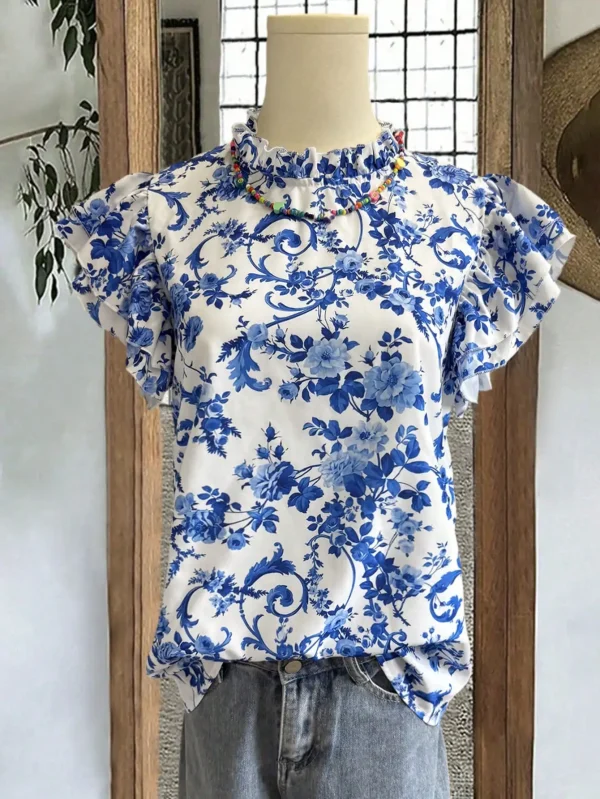 Blue White Porcelain Print Vacation Shirt - Women's Casual Short-Sleeve Summer Top Elegant Dress - Image 4