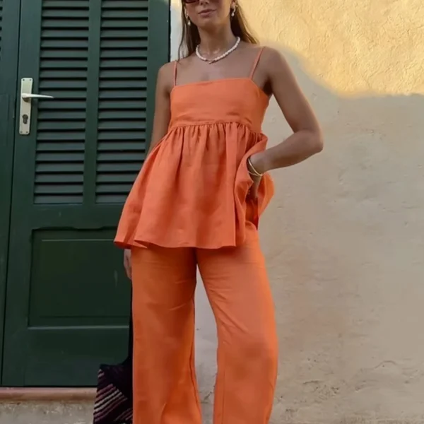 Womens 2-Piece Set Flowy Orange Summer Outfit with Camisole Top WideLeg Pants Beach Vacay Must-Have Coastal Chic Look