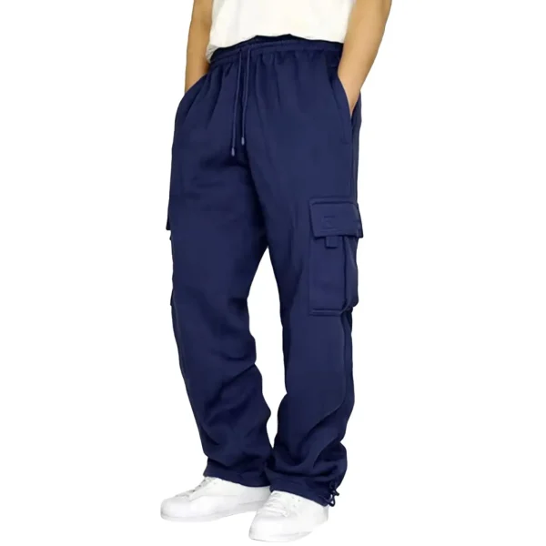 Tie Band Running Pants Lace up Loose Waist Wide Foot Solid Color Pocket Loose Wool Sweatpants Men's Clothing Jeans - Image 3