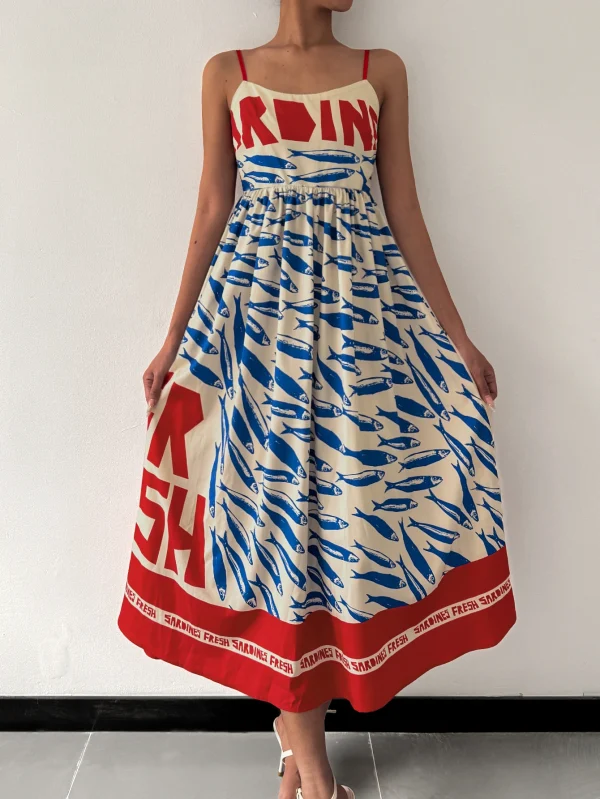 Bohemian Vacation Beach Women's Spring Summer Casual HolidayStyle Vintage FishArtPositioning Printed Backless FlowingLongDresses - Image 3