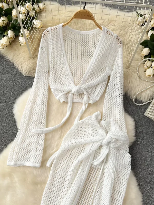 Women's Casual Summer Half Skirt Suit Long-Sleeved Knitted Two-Piece Top Short Hollow-Out Dress for Beach Cross-Border Europe - Image 4