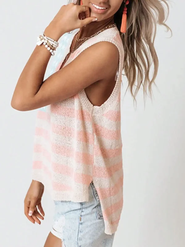 Usa Flag Design Spring and Summer Fashion Casual Comfortable Sleeveless V-Neck Front Short Back Length Knitted Sweater - Image 3