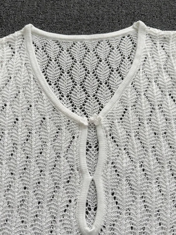 Women's Summer Solid Color Knit Smock Deep Plunge Neck Dress Hollowed Out Knit Wrap Dress - Image 6