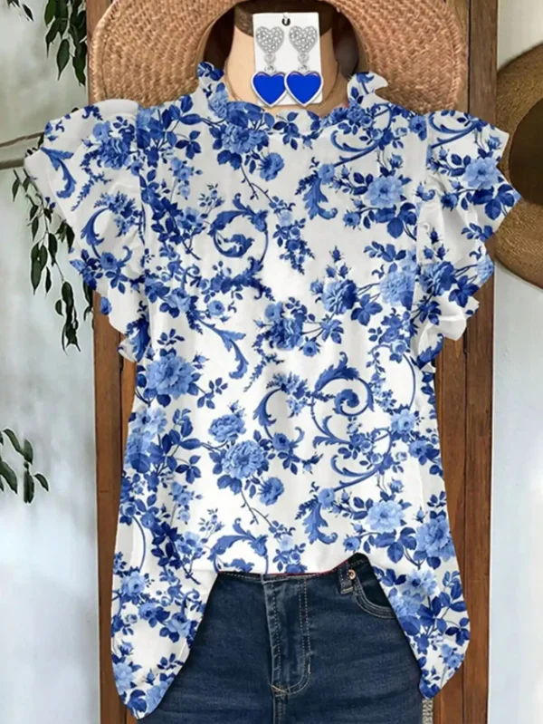 Blue White Porcelain Print Vacation Shirt - Women's Casual Short-Sleeve Summer Top Elegant Dress - Image 5