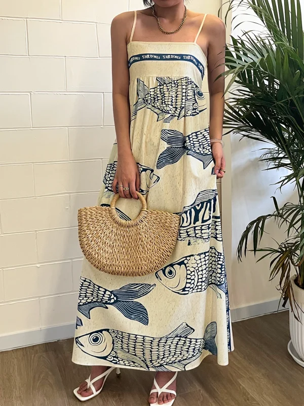 Women's Bohemian Style Summer Casual Beach VacationFashion Blue Fish Alphabet Printed Halter Dresses Brunchoutfits for Women - Image 4
