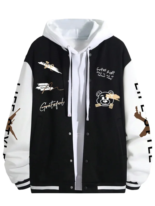 Men's Slogan Pattern Button Baseball pilot Jacket Fashionable and Trendy Men's Jacket Comfortable for Wearing Outside - Image 3