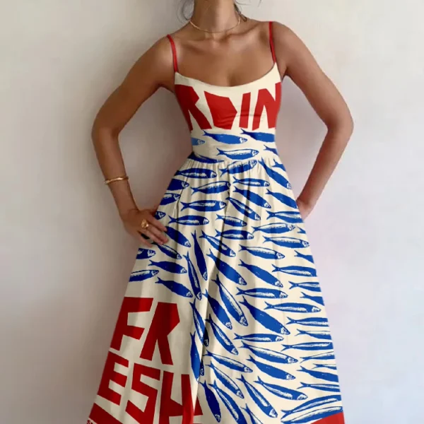Bohemian Vacation Beach Women's Spring Summer Casual HolidayStyle Vintage FishArtPositioning Printed Backless FlowingLongDresses