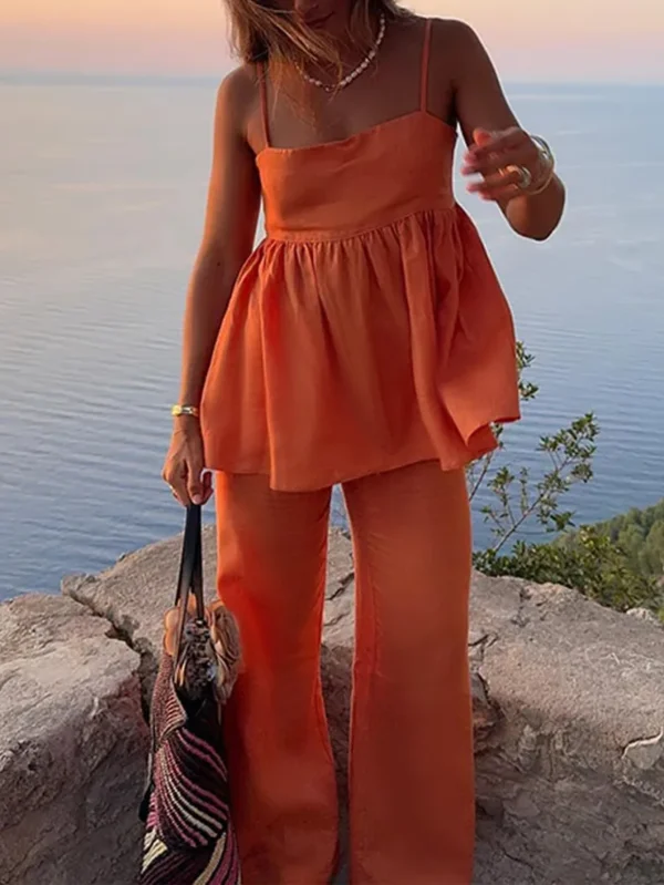 Womens 2-Piece Set Flowy Orange Summer Outfit with Camisole Top WideLeg Pants Beach Vacay Must-Have Coastal Chic Look - Image 4