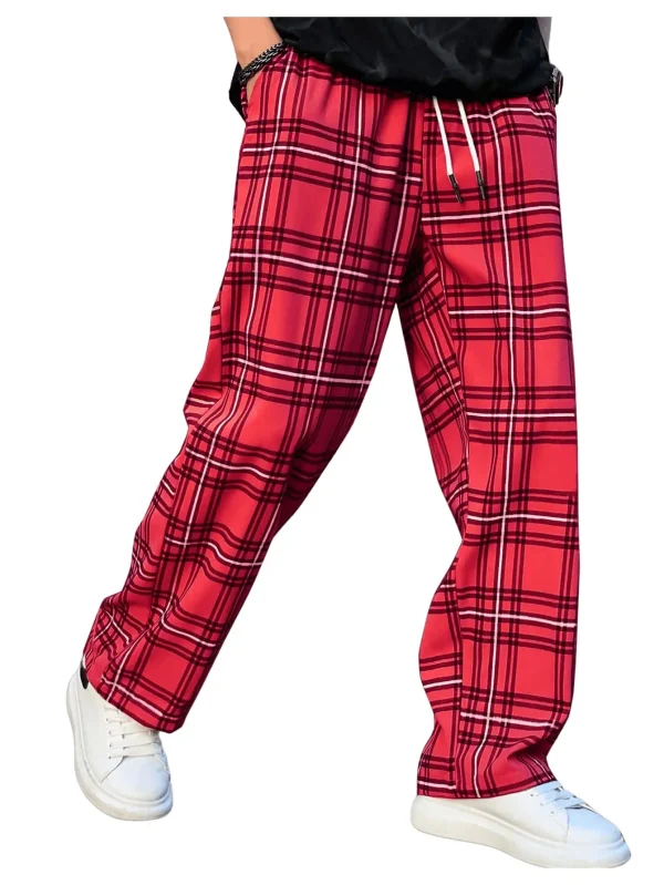 Men's Plaid Pants High Drawstring Waist Trouser Pants Loose Straight Leg Lounge Pants With Pocket - Image 4