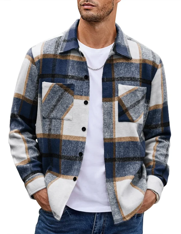 Men's Flannel Shirt Casual Button Checkered Shirt Jacket Long Sleeved Wool Jacket With Pockets Outerwear Suitable - Image 5