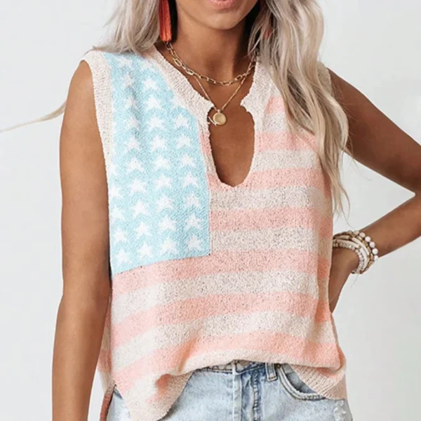 Usa Flag Design Spring and Summer Fashion Casual Comfortable Sleeveless V-Neck Front Short Back Length Knitted Sweater