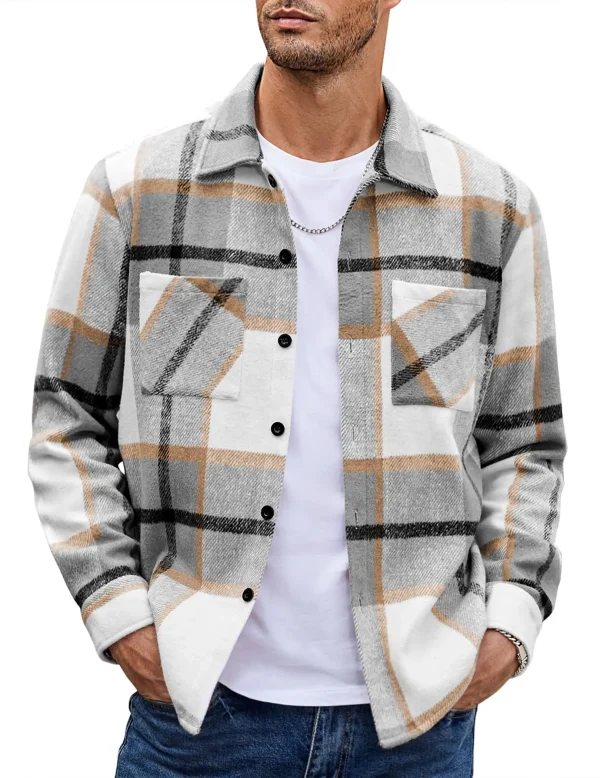 Men's Flannel Shirt Casual Button Checkered Shirt Jacket Long Sleeved Wool Jacket With Pockets Outerwear Suitable - Image 6