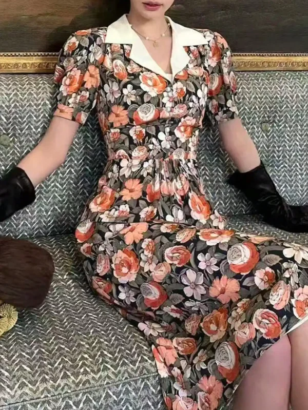 Vintage Floral Wrap Midi Dress Puff Sleeve Cottagecore Dress Elegant French Style with Lapel Collar Dress - Image 3