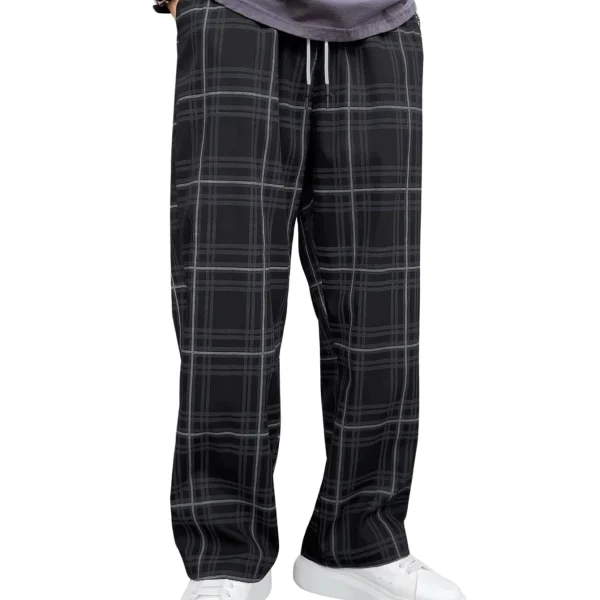 Men's Plaid Pants High Drawstring Waist Trouser Pants Loose Straight Leg Lounge Pants With Pocket